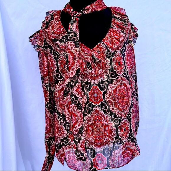 Kate Spade Medallion Metallic Silk Blouse Top Size Small S Sheer Ruffle Sleeve - Picture 1 of 10